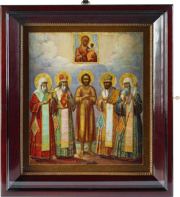Икона Святители митрополиты Московские и всея Руси (Петр, Алексий, Иона, Филипп) и святой Алексий человек Божий Смоленская Божия Матерь